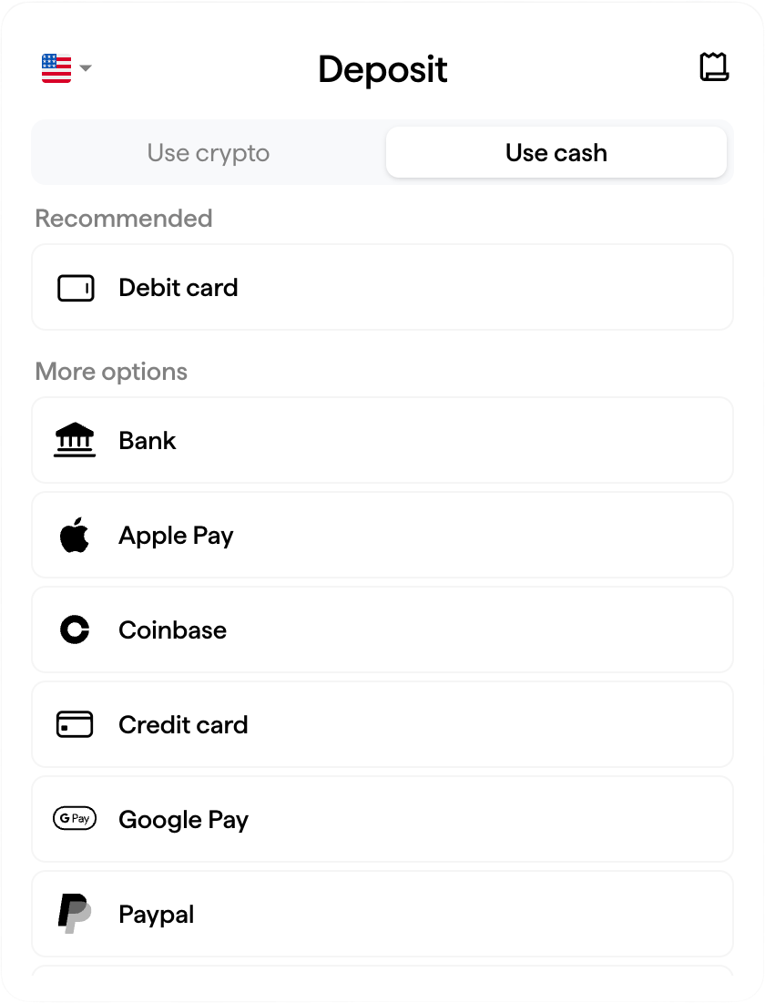 Halliday deposit widget showing cash payment methods: debit card, bank, Apple Pay, Coinbase, credit card, Google Pay, and PayPal
