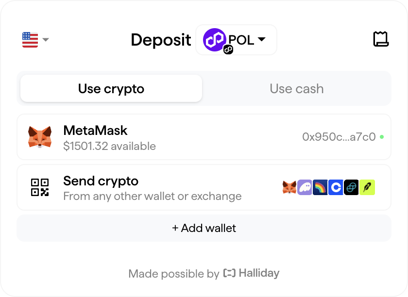 Halliday deposit widget on the Use crypto tab showing a connected MetaMask wallet with $1,501.32 available and a Send crypto option from any other wallet or exchange