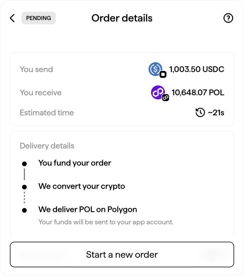 Halliday order details screen showing a pending USDC to POL order with delivery steps: fund, convert, and deliver POL on Polygon